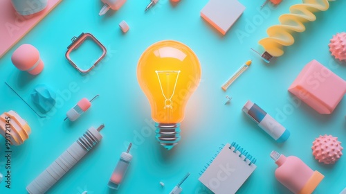 bright idea concept flat design top view modern tech theme 3D render Triadic Color Scheme