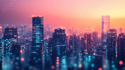 Wallpaper Mural vibrant city skyline at dusk, showcasing illuminated skyscrapers and colorful sunset. scene captures essence of urban life and technological advancement Torontodigital.ca