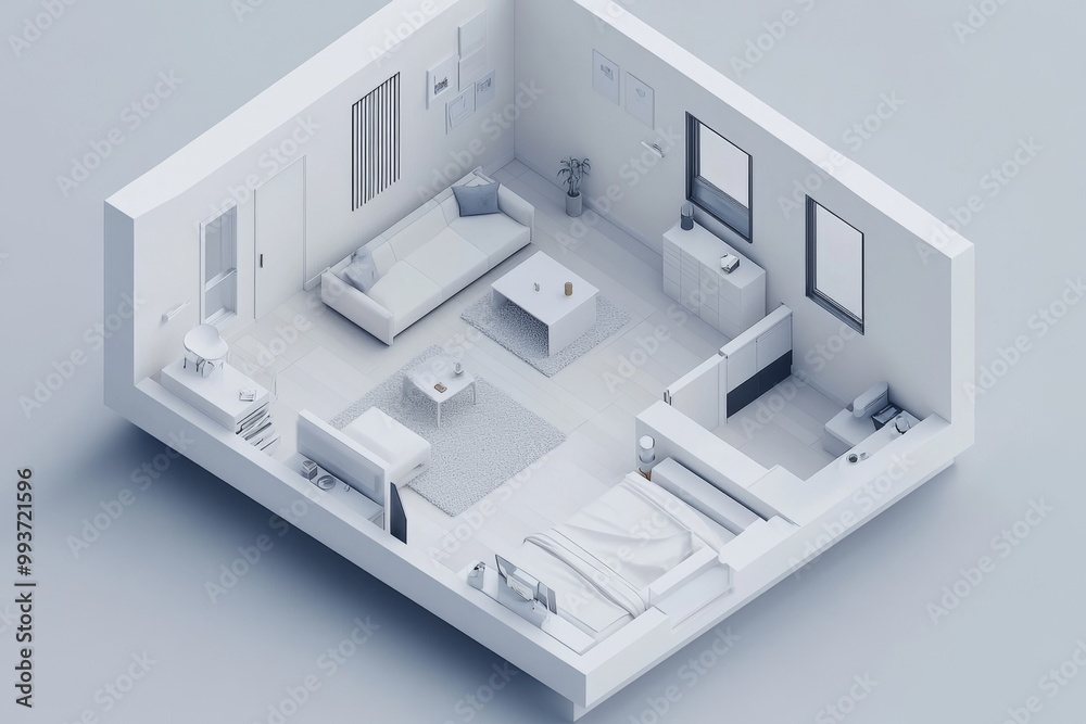 Simplistic 3D rendering of a minimalistic apartment interior with sleek white furnishings open living space and geometric room layout Simplistic 3D rendering of a minimalistic apartment interior with sleek white furnishings open living space and geometric room layout