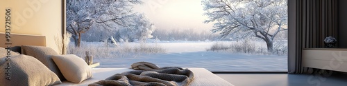 Modern winter bedroom with a sleek, simple design, soft throws, and a serene view of a snowy winter scene.