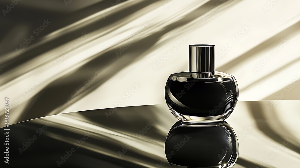 A black perfume bottle with a silver cap stands on a reflective surface, with a silky backdrop in beige and white tones. A black perfume bottle with a silver cap stands on a reflective surface, with a silky backdrop in beige and white tones.