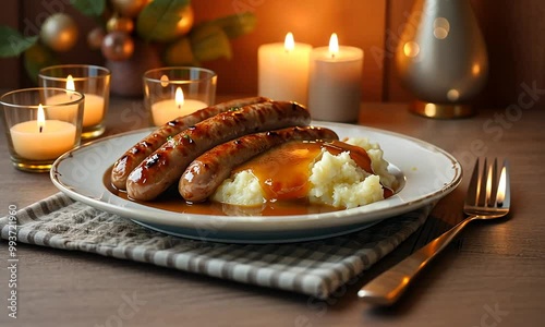 Mashed potatoes and sausages with rich gravy Generated with AI