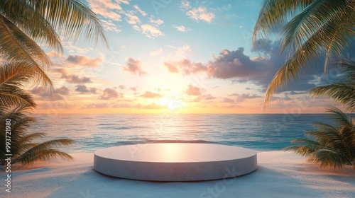 podium on a tropical beach with palm trees and a blue ocean background. A sunset sky with clouds. A panoramic banner for a summer vacation concept. Banner mock up design template