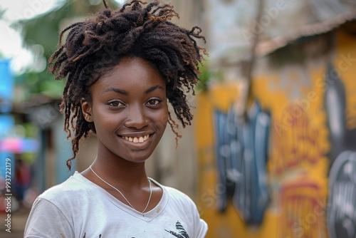 Smiling beggar woman in an African slum. A woman stands against the backdrop of a poor area of the city.