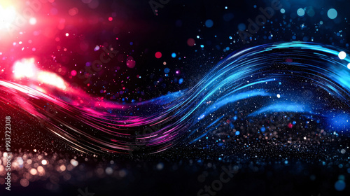 Vibrant abstract background featuring flowing waves of pink and blue light, creating dynamic and energetic atmosphere filled with sparkling particles