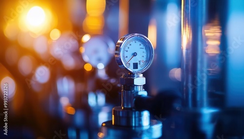 Obraz na płótnie Close-up of a digital gauge measuring product pressure in a factory, pressure testing, mechanical quality control, w salonie