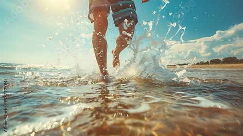 A man runs through the shallows of the ocean, splashing water as the sun shines brightly. photo