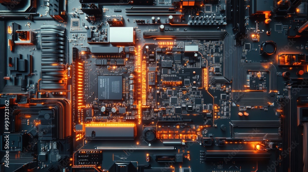 Detailed inside view of a computer motherboard, CPU, and cables, showcasing the intricate complexity of modern hardware Detailed inside view of a computer motherboard, CPU, and cables, showcasing the intricate complexity of modern hardware
