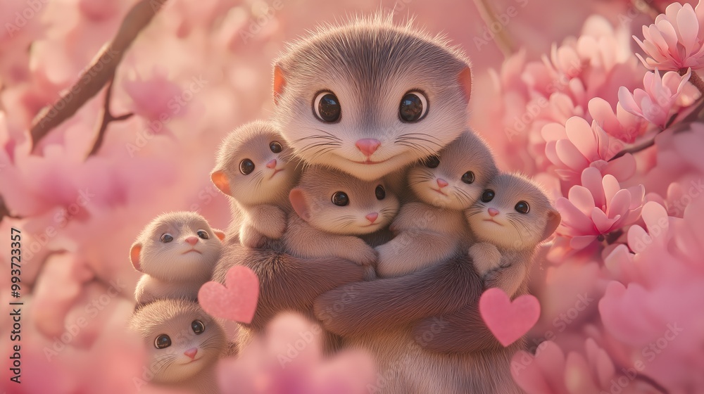 Fototapeta premium A cartoon of a mother Beaver holding. The Beaver are all wearing hearts. The image has a warm and loving mood, conveying the idea of a family bond between the mother cat and her kittens