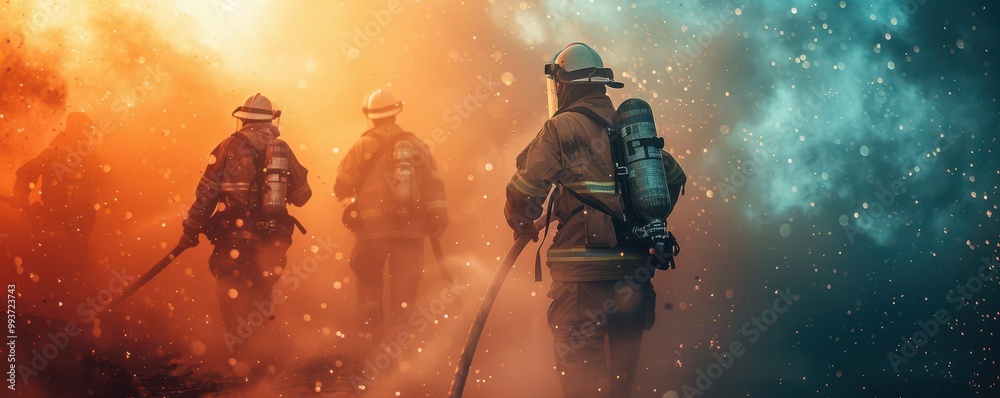 Fototapeta premium Brave firefighters extinguishing a blaze with high-pressure water hoses during a dramatic sunset. Free copy space for text.