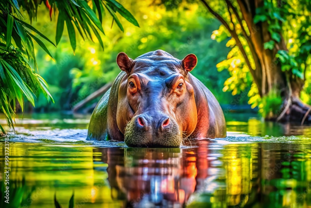 Vibrant Watercolor Painting of a Hippo in a Natural Habitat Surrounded by Lush Greenery and Water Vibrant Watercolor Painting of a Hippo in a Natural Habitat Surrounded by Lush Greenery and Water