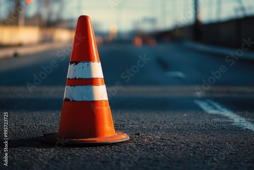 A Single Orange Traffic Cone on a Black Asphalt Road photo