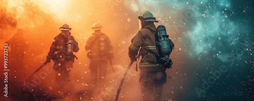 Brave firefighters extinguishing a blaze with high-pressure water hoses during a dramatic sunset. Free copy space for text.
