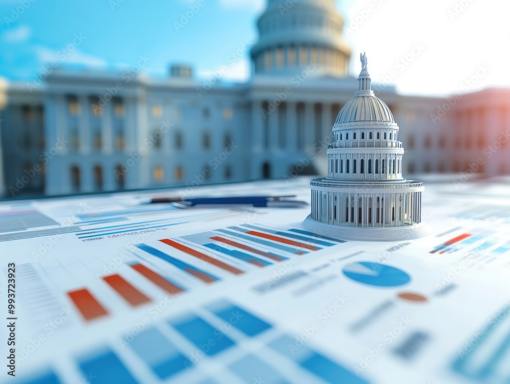 Economic policy with a government building and documents, highlighting fiscal policies and budget decisions