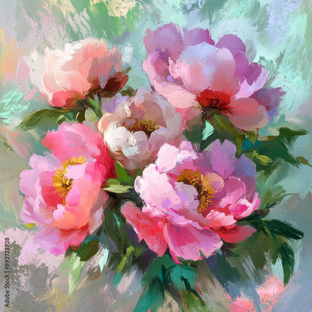 A high-quality digital painting of a bouquet of vibrant pink peonies, delicate petals, lush foliage, soft pastel colors, impressionist style, elegant brush strokes, detailed, floral artwork