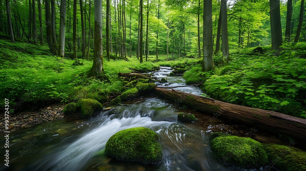 Obraz premium A serene stream flows through a lush green forest, with sunlight dappling the foliage and mossy rocks.