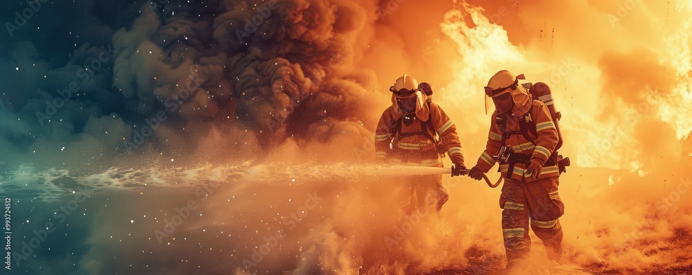 Fototapeta premium Brave firefighters extinguishing a blaze with high-pressure water hoses during a dramatic sunset. Free copy space for text.