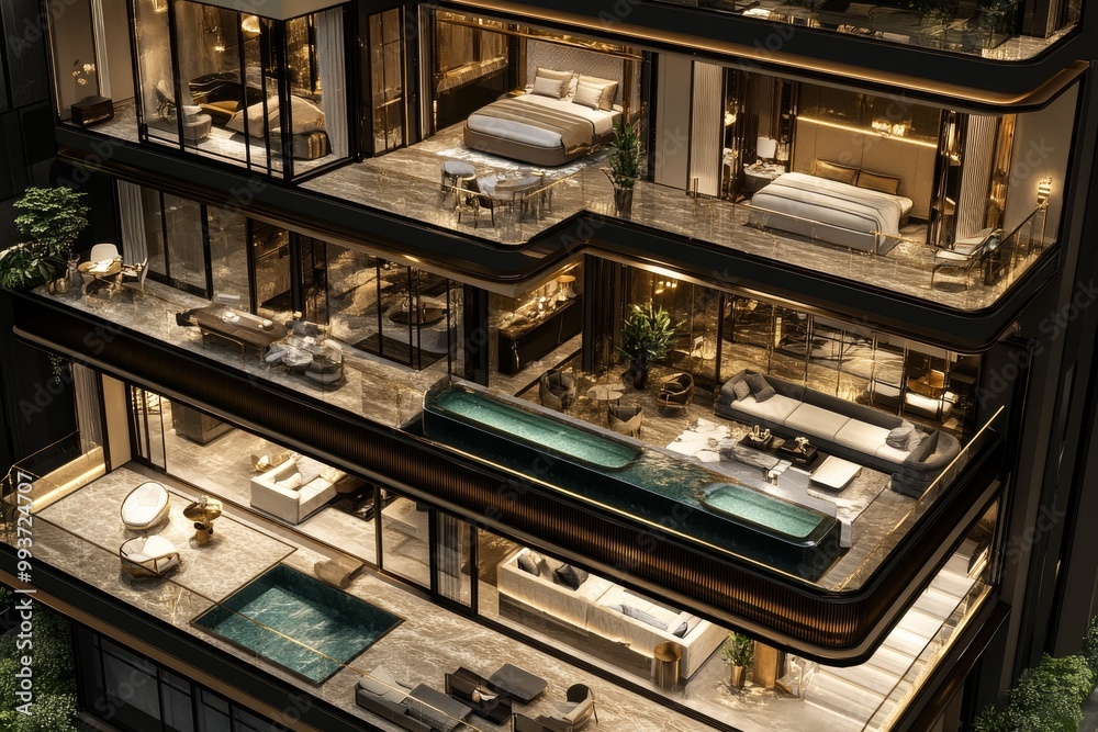 Modern two story apartment building with floor to ceiling windows sleek black and white decor and luxurious interior spaces in a detailed cutaway architectural model Modern two story apartment building with floor to ceiling windows sleek black and white decor and luxurious interior spaces in a detailed cutaway architectural model