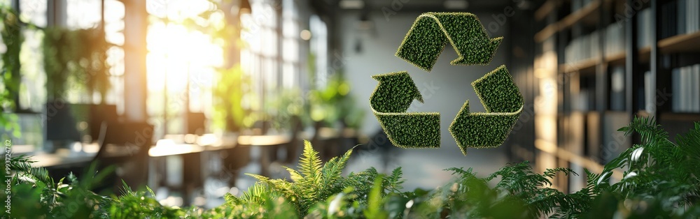 Green recycle symbol in eco-friendly office setting with plants and soft lighting Green recycle symbol in eco-friendly office setting with plants and soft lighting