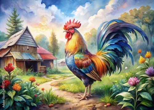 Wallpaper Mural Vibrant Watercolor Rooster Illustration with Colorful Feathers and Charming Farmyard Aesthetic Torontodigital.ca