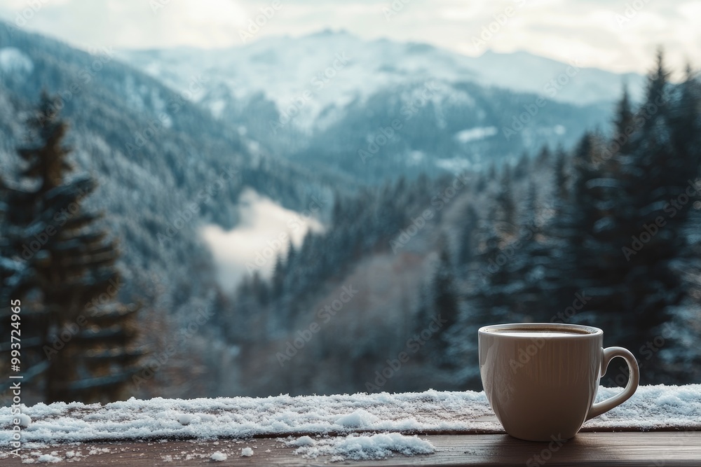 A Mug of Coffee on a Snowy Mountaintop Deck A Mug of Coffee on a Snowy Mountaintop Deck