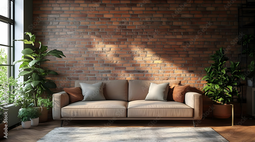 Living Room with Brick Wall and Sofa 3D Illustration Living Room with Brick Wall and Sofa 3D Illustration