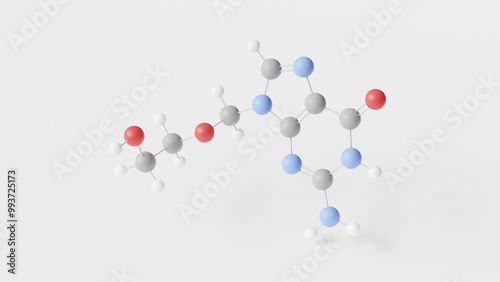 aciclovir molecule 3d, molecular structure, ball and stick model, structural chemical formula antiviral medication photo