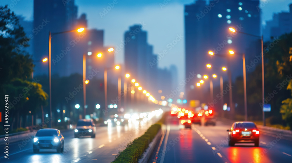 Naklejka premium bustling city street illuminated by smart streetlights, showcasing blend of modern technology and urban life. scene captures vibrant energy of evening traffic