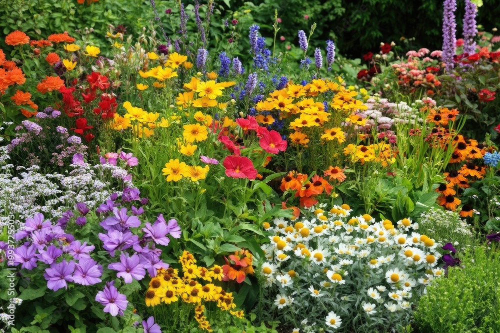 Flower garden with colorful blooms, a variety of species creating a vibrant and natural tapestry Flower garden with colorful blooms, a variety of species creating a vibrant and natural tapestry