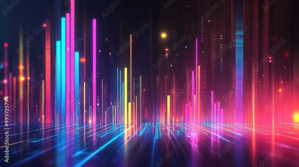 Futuristic bar graph with glowing neon colors, smooth metallic lines, dynamic data points, sleek and modern design Futuristic bar graph with glowing neon colors, smooth metallic lines, dynamic data points, sleek and modern design