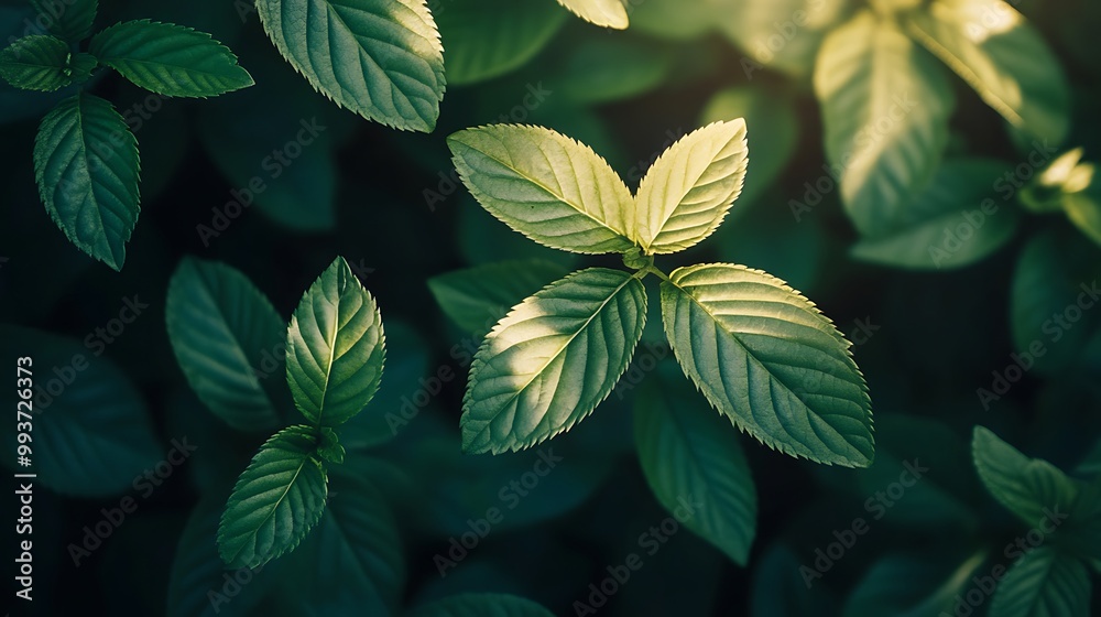 Close-up of vibrant green leaves with sunlight illuminating the surface. Close-up of vibrant green leaves with sunlight illuminating the surface.