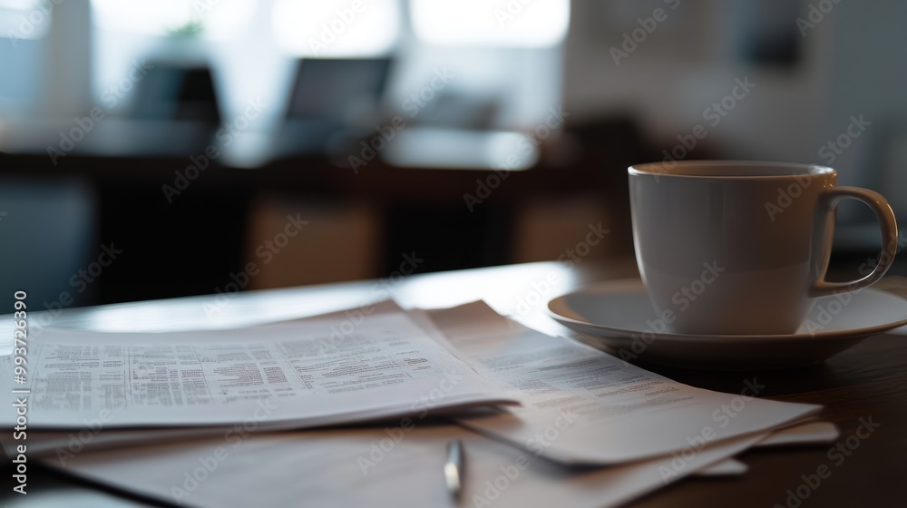 Businessman reviewing documents at desk with coffee cup in modern office Businessman reviewing documents at desk with coffee cup in modern office
