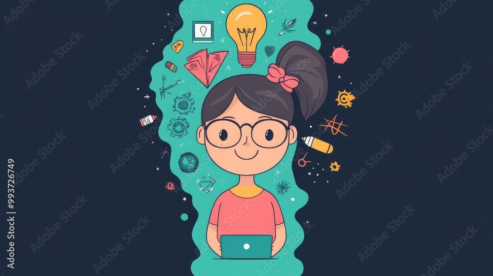 little girl innovation flat design front view internet icons theme cartoon drawing Split-complementary color scheme little girl innovation flat design front view internet icons theme cartoon drawing Split-complementary color scheme