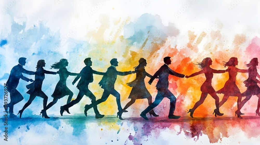 Watercolor Painting of Businesspeople Passing Baton in Relay Race,Symbolizing Teamwork and Watercolor Painting of Businesspeople Passing Baton in Relay Race,Symbolizing Teamwork and