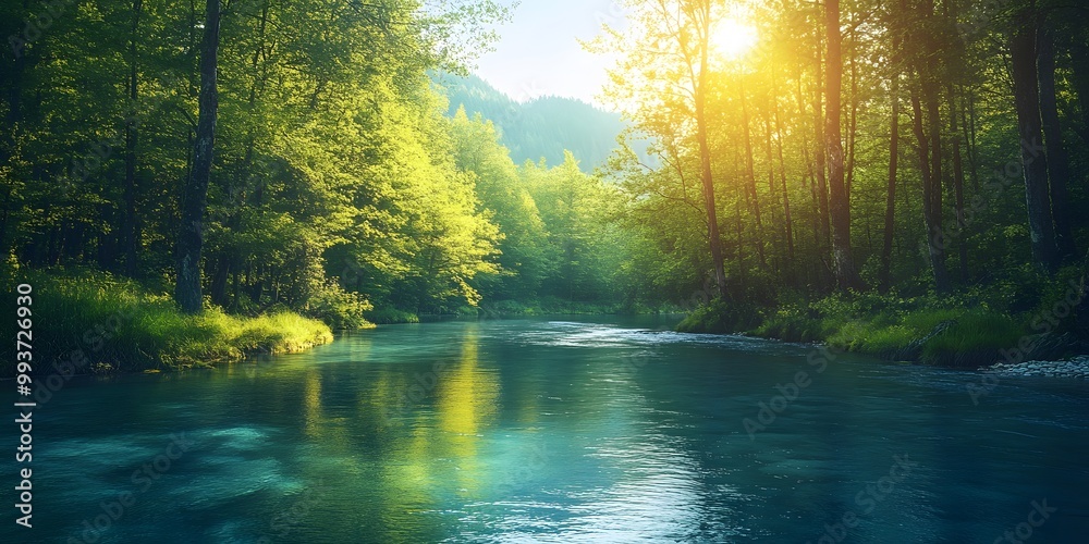 A bright and peaceful view of a lush forest with a crystal clear stream that reveals the rocks beneath. Sunlight filters through tall trees. No people. A natural scene suitable for ecotourism. A bright and peaceful view of a lush forest with a crystal clear stream that reveals the rocks beneath. Sunlight filters through tall trees. No people. A natural scene suitable for ecotourism.