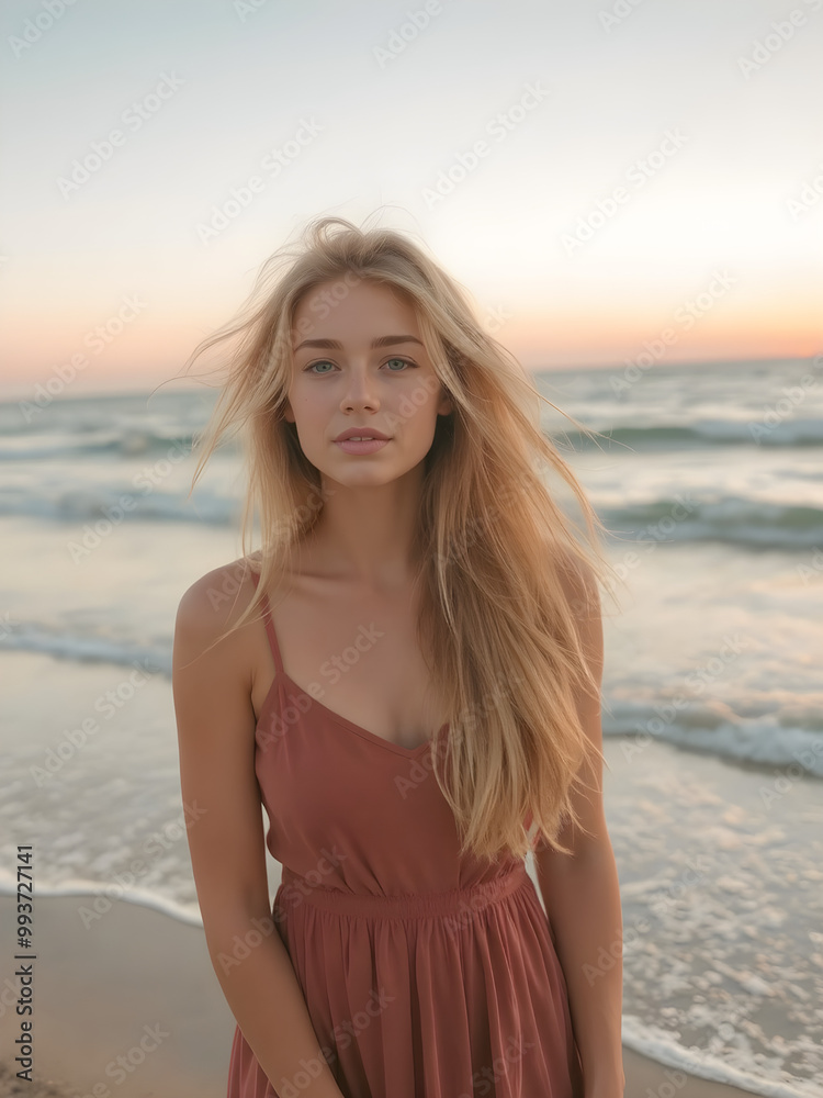 Una mujer rubia hermosa, de cabello un poco rizado, junto al mar Una mujer rubia hermosa, de cabello un poco rizado, junto al mar