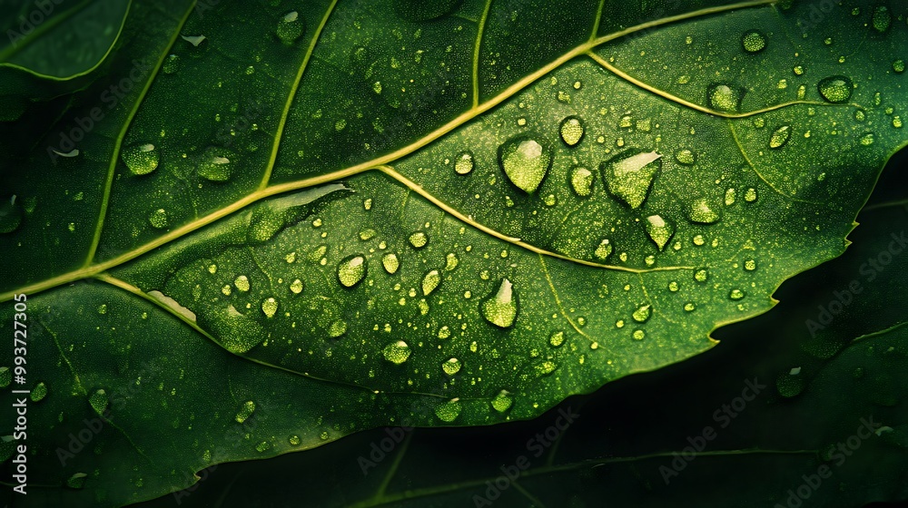 Fototapeta premium Close-up of water droplets on a green leaf.