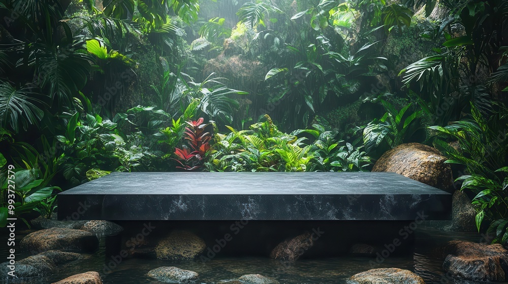 an empty black concrete countertop set in a lush jungle perfect for product presentation surrounded by vibrant greenery evoking a natural vibe an empty black concrete countertop set in a lush jungle perfect for product presentation surrounded by vibrant greenery evoking a natural vibe