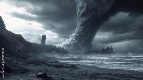 Death stranding, beach, Apocalyptic, Brutalist architecture, science fiction, volcano, ocean waves, tornado, dark clouds, surreal, cinematic images, realistic