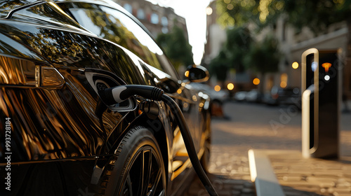 sleek electric vehicle is charging at modern station, showcasing its stylish design against vibrant urban backdrop. scene captures essence of sustainable transportation