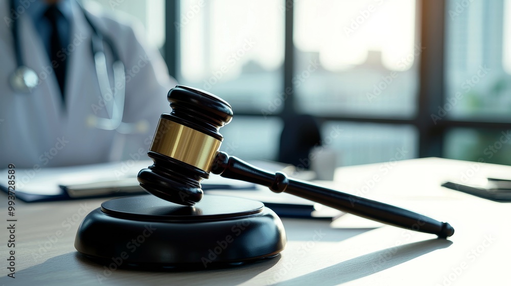 Judicial gavel on a desk, symbolizing law and justice, with a medical professional in background. Judicial gavel on a desk, symbolizing law and justice, with a medical professional in background.