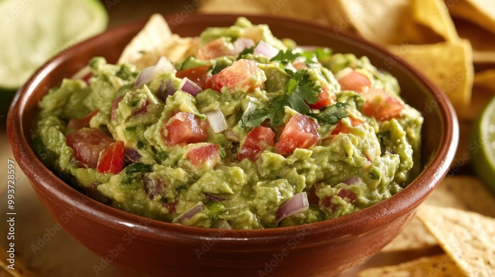 A bowl of guacamole topped with tomatoes and onions, served with tortilla chips. A bowl of guacamole topped with tomatoes and onions, served with tortilla chips.