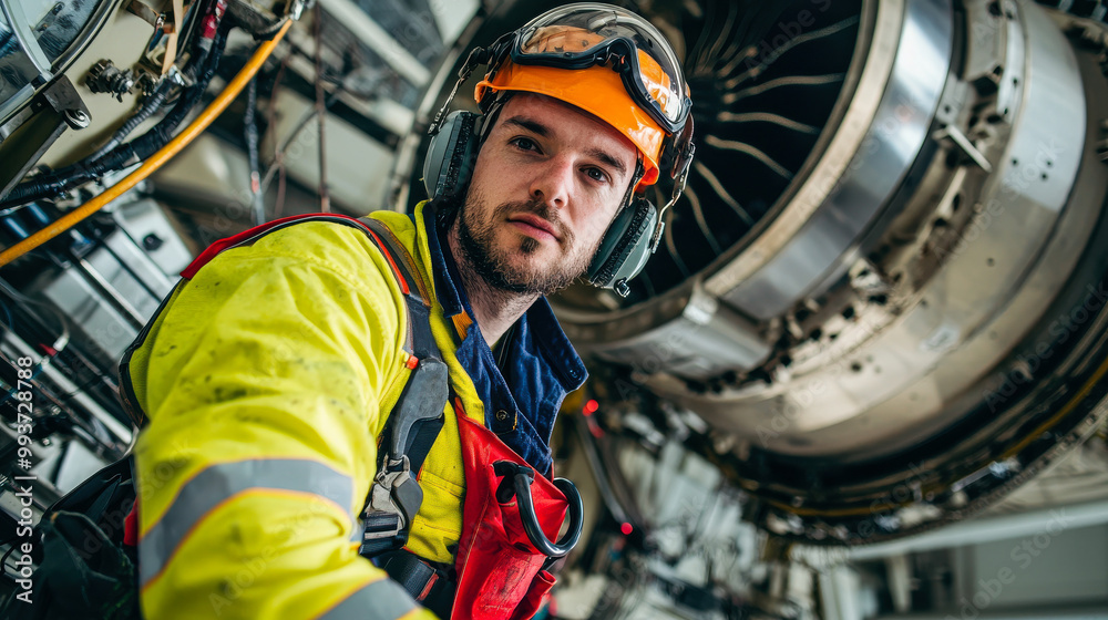 Obraz premium maintenance engineer in bright yellow safety suit and helmet is focused on his work near large jet engine. His expression shows determination and professionalism in high stakes environment