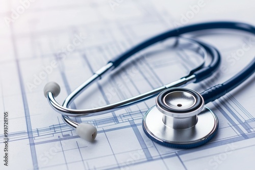 Stethoscope resting on medical blueprint, white isolate background