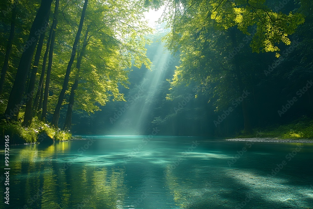 A bright and peaceful view of a lush forest with a crystal clear stream that reveals the rocks beneath. Sunlight filters through tall trees. No people. A natural scene suitable for ecotourism. A bright and peaceful view of a lush forest with a crystal clear stream that reveals the rocks beneath. Sunlight filters through tall trees. No people. A natural scene suitable for ecotourism.