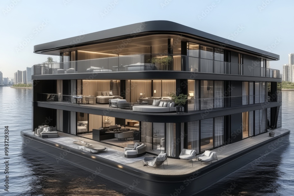 Obraz premium Luxury waterfront apartment with sleek black and white exterior expansive balconies and modern design overlooking the city skyline in a high end residential building
