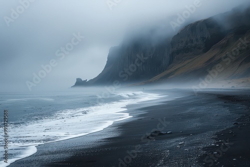 A misty Icelandic beach with black sands, waves crashing onshore, and a foggy horizon. Free copy space for text.