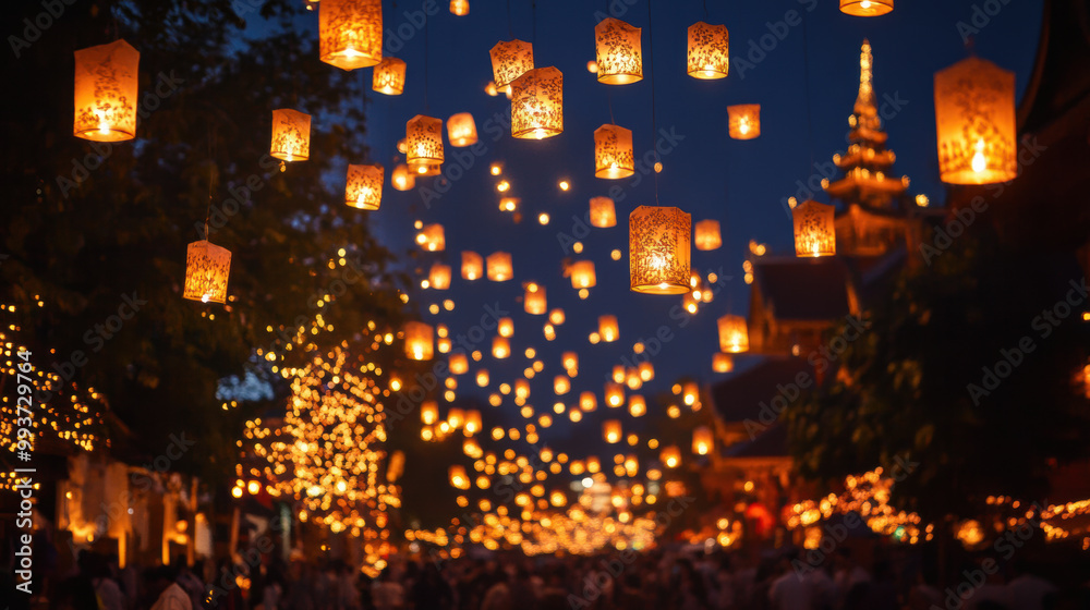 magical night scene filled with glowing lanterns illuminating streets, creating warm and festive atmosphere. vibrant lights enhance beauty of surroundings, inviting joy and celebration magical night scene filled with glowing lanterns illuminating streets, creating warm and festive atmosphere. vibrant lights enhance beauty of surroundings, inviting joy and celebration