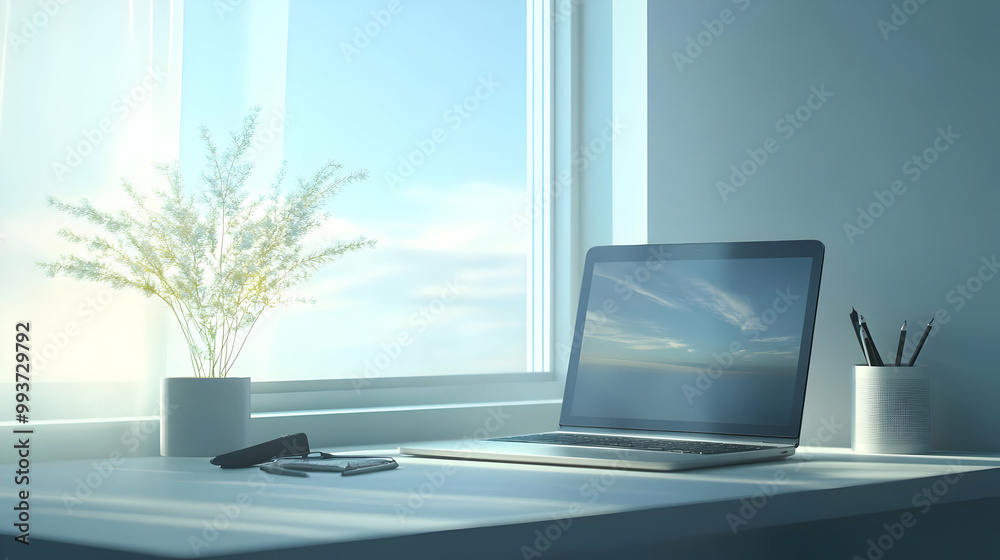 Minimalist Desk Setup with Laptop and Window View - 3D Illustration