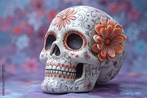 Day of the Dead Sugar Skull, Mexican cultural tradition. Skeleton head on purple background